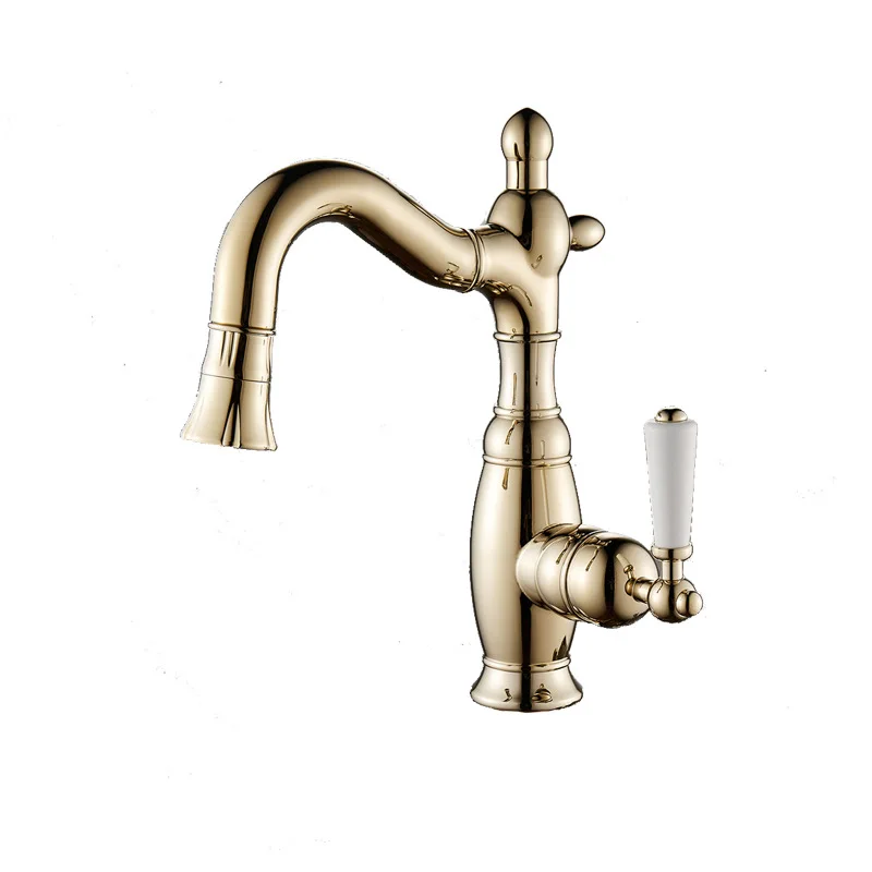 

All-copper French retro faucet high-value hot and cold wash basin ceramic handle rotatable pulling faucet