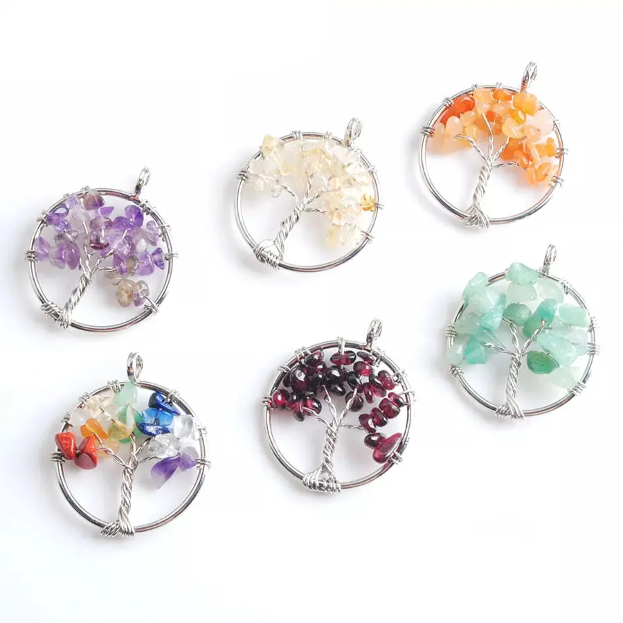 Round Wire Wrapped Tree of Life Pendant Natural Chakra Crystal Chip Healing Stone Charms Necklace Jewelry Accessories BM904