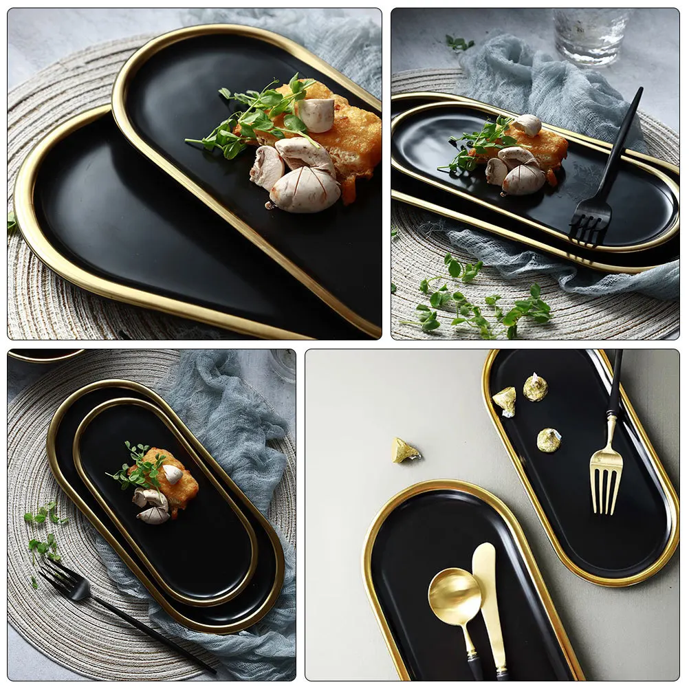 

1Pcs Ceramic Storage Tray Black Gold Rim Nordic Styled Porcelain Plate Matte Black Bottom Elegant Food Serving Dish for Steak
