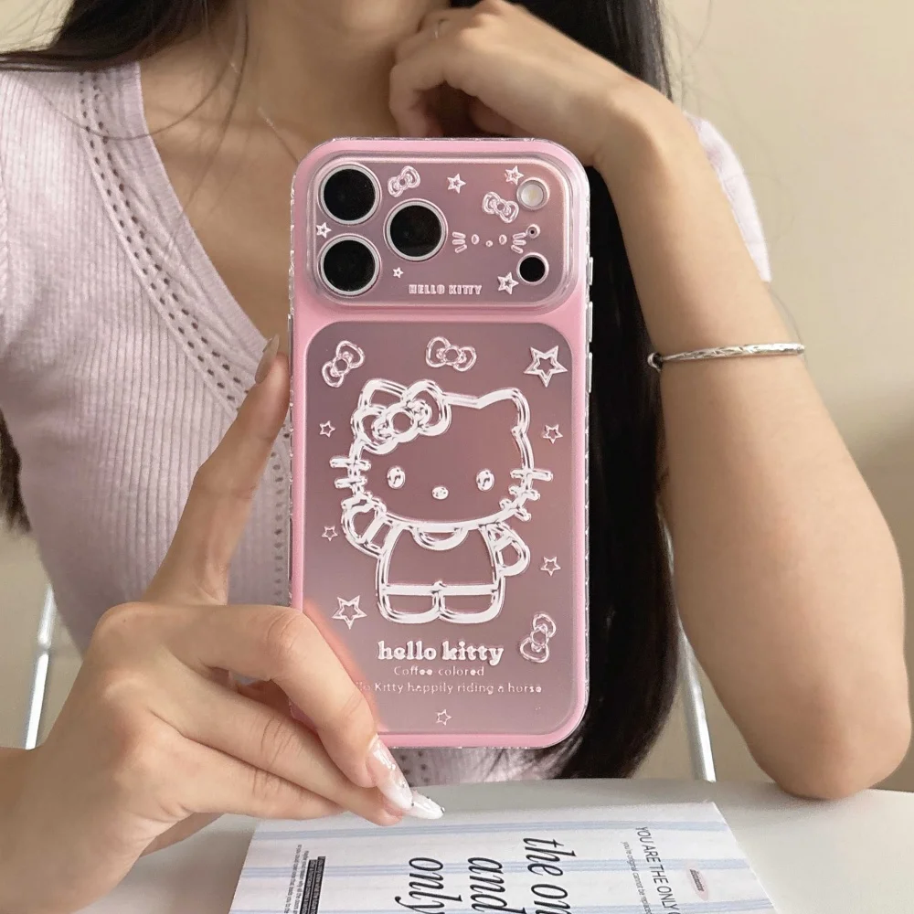Cute Cartoon Pink Silver Bottom Star KT Head Phone Case for IPhone 15 Pro 16 17 Pro Max Shockproof Camera Protective Back Cover view 2