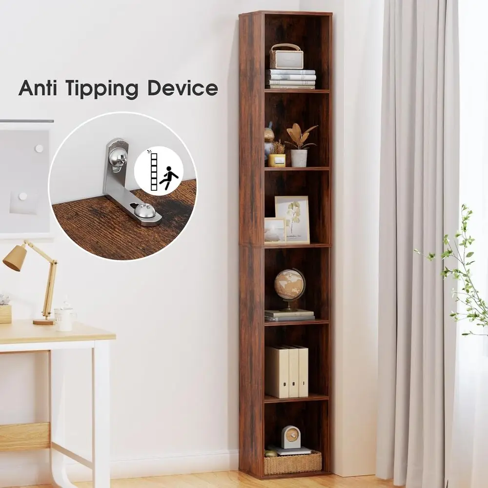 رف كتب ضيق طويل القامة مكون من 6 طبقات، رف زاوية رفيع ونحيف مقاس 70.5 بوصة، خزانة تخزين رفيعة، برج منظم مكعب للوسائط DVD الخشبي