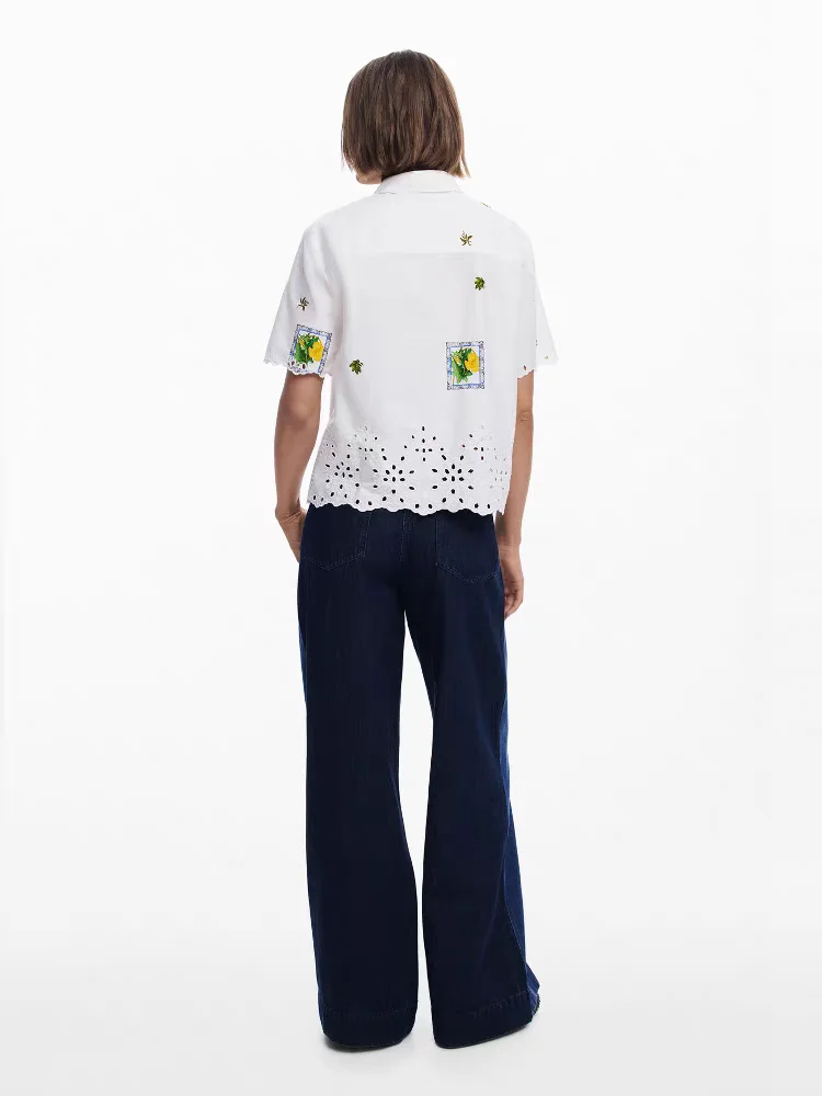 Foreign trade original single Spanish square collar printed embroidery hollow short sleeve shirt