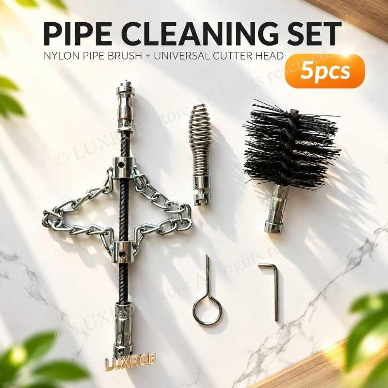 5Pcs Drain Cleaning Accessory Set, Universal Spring Head, Nylon Pipe Brush, 2-in-1 Sewer Unclogger for Sink, Bathroom, Kitchen
