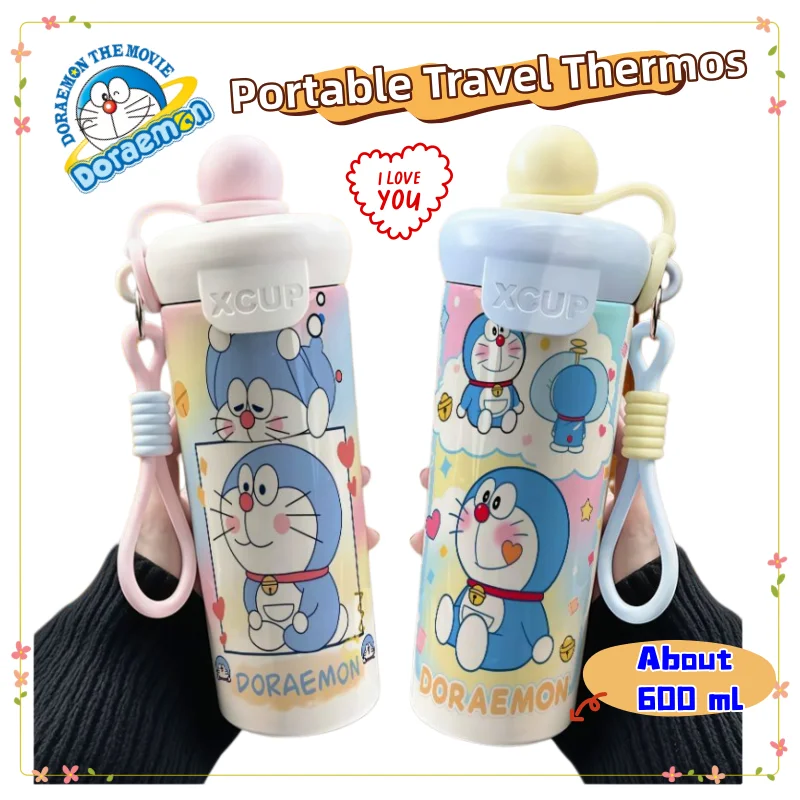 

Doraemon straw thermos cup stainless steel high color value cartoon cute student large capacity portable accompanying sports cup