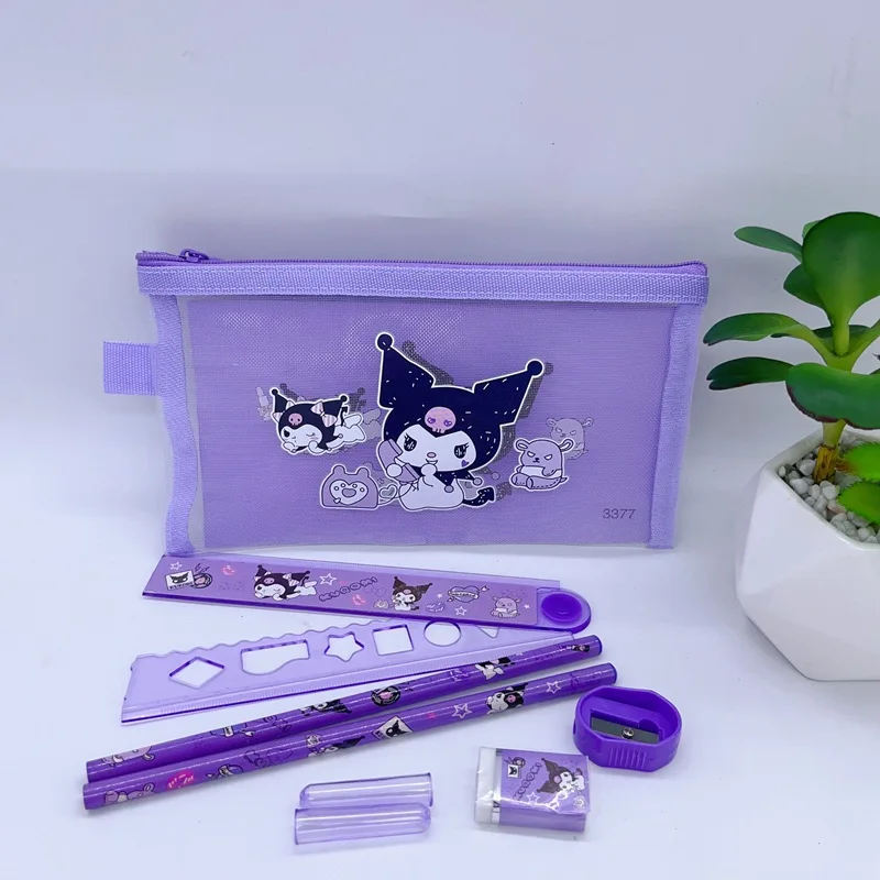 Sanrio Kuromi My Melody A6 Stationery Set Mesh Pencil Case Kawaii Comes With A Wooden Pencil And Rubber Ruler As A Student Gifts