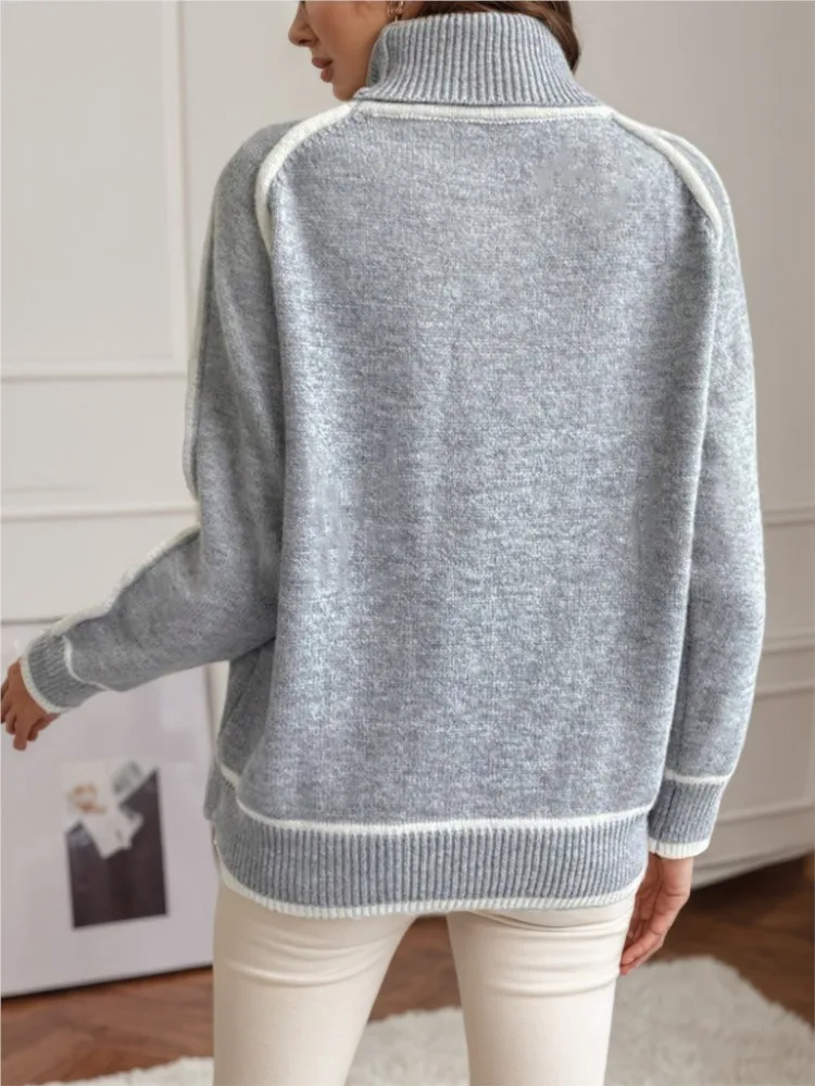 秋冬レディースレジャータートルネックセーターファッションカラーマッチング長袖ルーズニットプルオーバー女性暖かいセーター