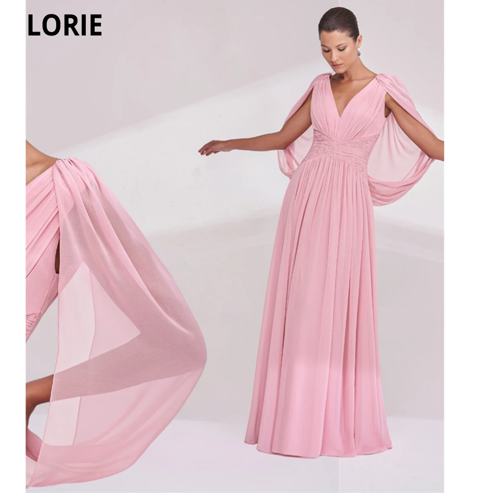 

LORIE A-line Pink Chiffon Prom Dresses With Short Cape Evening Gowns Deep V-Neck Pleats Formal Party Dress Vestidos De Fiesta