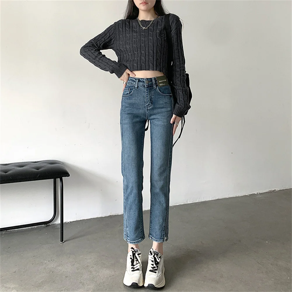 Jeans Pinggang Tinggi Wanita Musim Gugur Baru Celana Ketat Ramping Musim Semi Kasual Anak Perempuan Celana Denim Hitam Fashion Wanita Jeans Pensil Elastis