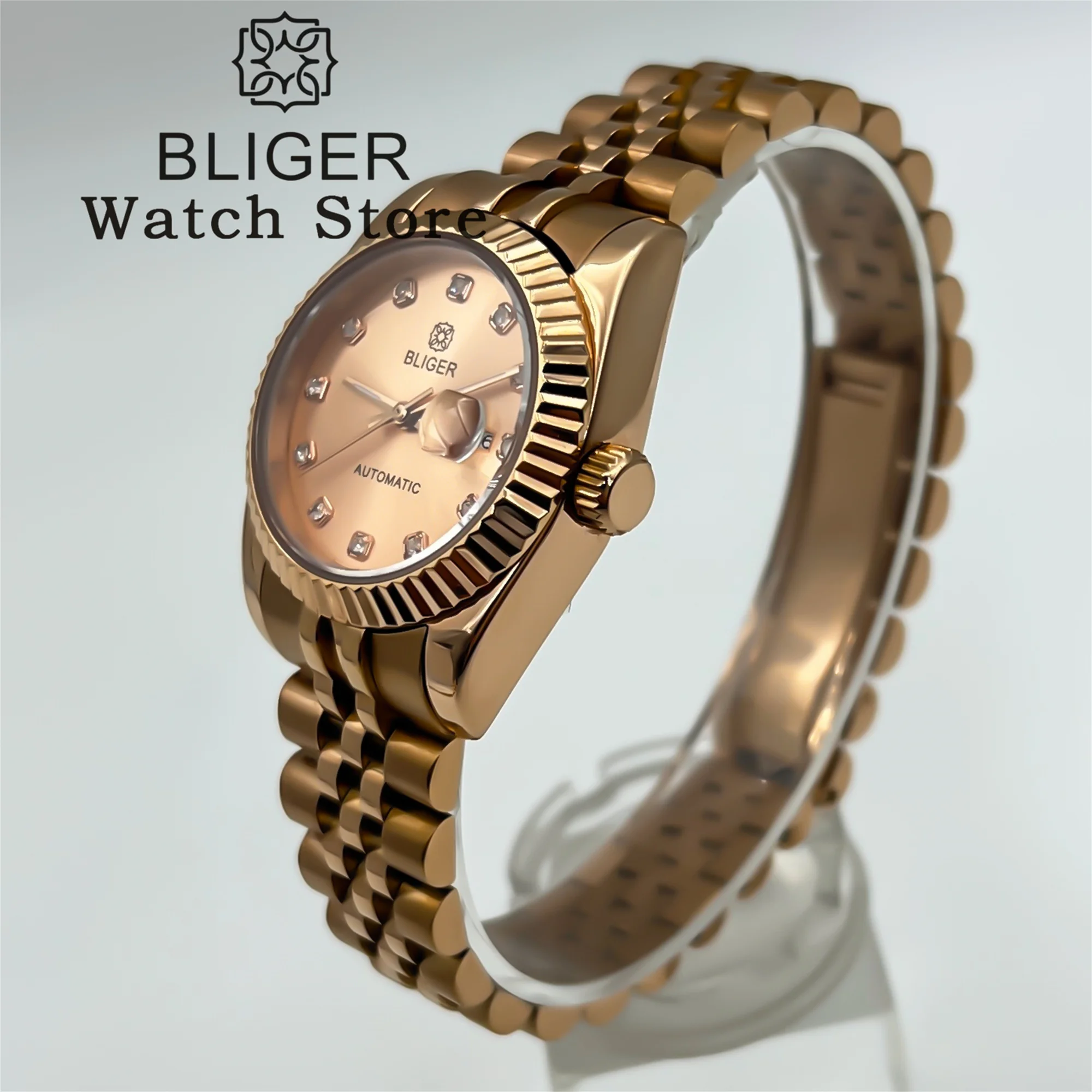 BLIGER 여성용 손목시계, NH05 오토매틱 무브 로즈 골드 시계, 스틸 케이스, 사파이어 사이클롭 플루트 베젤, 비즈니스 소녀 시계, 31mm