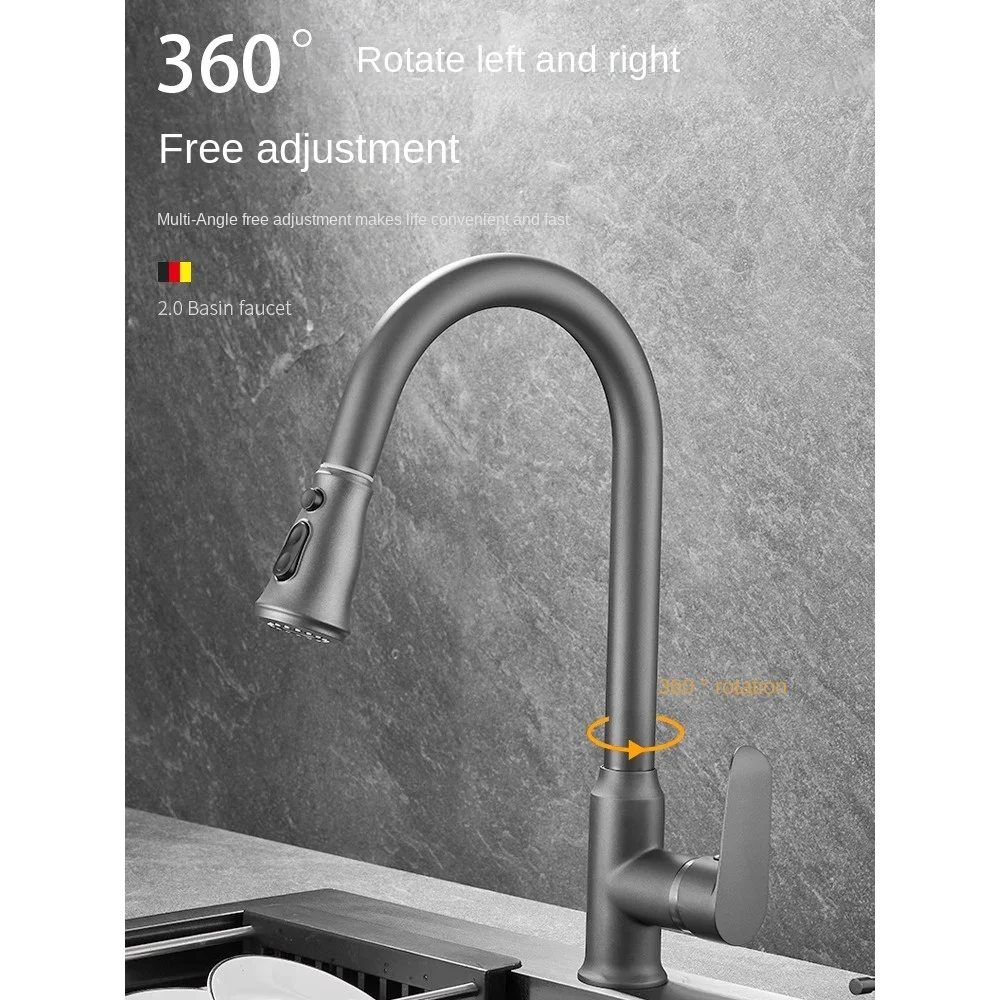 Gun gray all copper kitchen cold and hot faucet, household vegetable sink, dishwashing basin, sink, pull-out universal and rotat