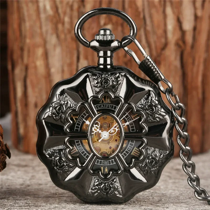 

Antique Black/Luminous Dial Hollow Pumpkin Men Women Mechanical Hand Winding Pocket Watch Pendant Chain Gifts relgio de bolso