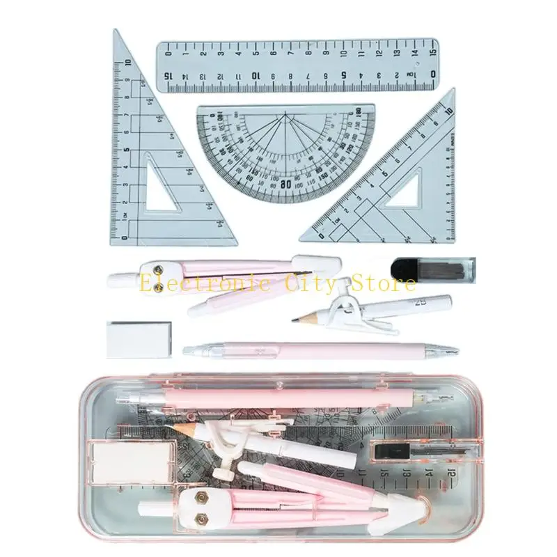 9Piece and Ruler Technical Drawing Set With Non Slip Grips Plastic Tools HU8D