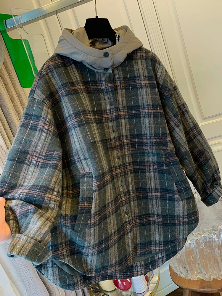 

Шерстяная куртка в клетку в стиле ретро, женское зимнее дизайнерское теплое хлопковое пальто с капюшоном, хлопковая верхняя одежда, длинная одежда на пуговицах...