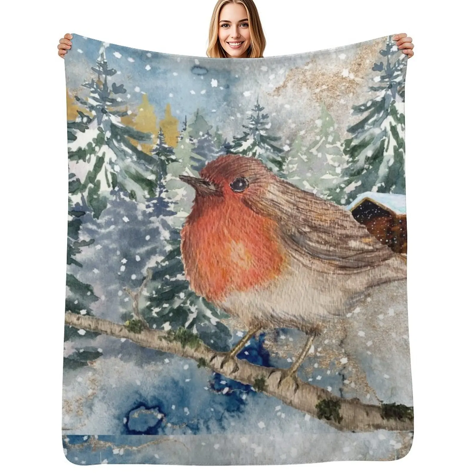 robin in the snow winter wonderland Throw Blanket Elegant Warm Throw Blanket for Hotel Home