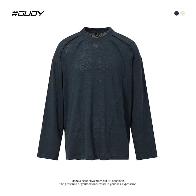 تي شيرت للخريف/الشتاء على الطراز الأمريكي للزوجين برقبة عالية وأكمام طويلة للرجال والنساء |   مقاس فضفاض، ربط اللون الصلب