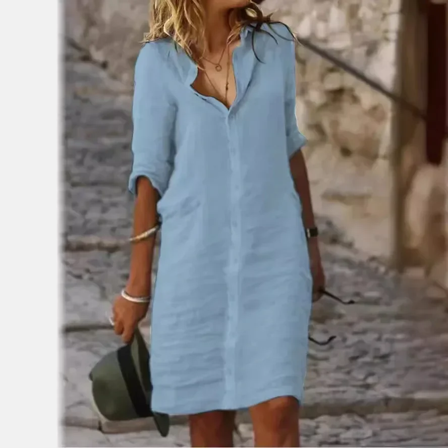 White Spring Cotton Linen Women's Mini Dress Half Sleeve Elegant  Female Trendy Autumn Casual Clothes Office Lady Shirt Dresses