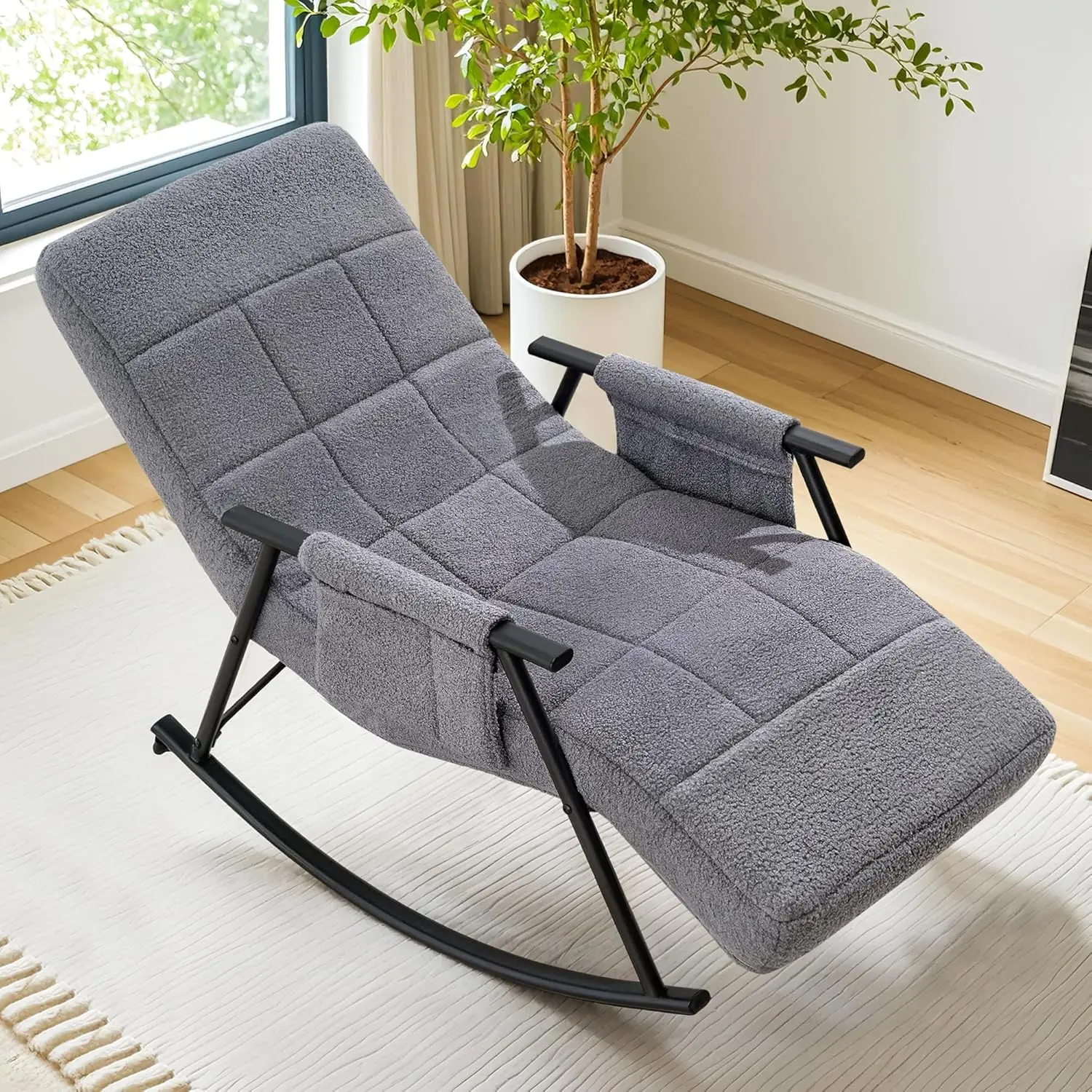 

High Back Nursery Rocking Chair with Footrest, Teddy Upholstered Reclining Glider Rocker, Comfy Armchair Padded Seat Removable