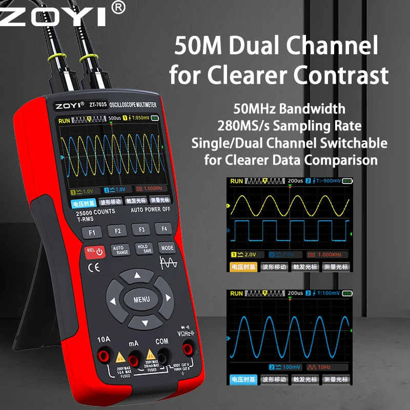 Imagem -05 - Zoyi-multímetro Digital Portátil Zt703 em Osciloscópio de Canais Gerador de Sinal para Eletricista