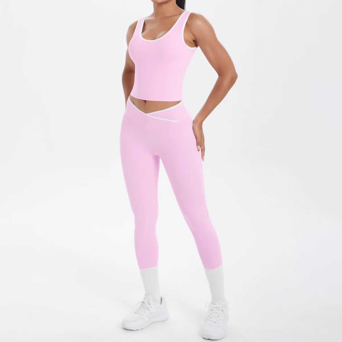

wholesale Yoga Set Bra Vest Shorts Leggings Double Sided Brushed Contrasting Cross Waist Fitness Tight Fitting Breathable Suit