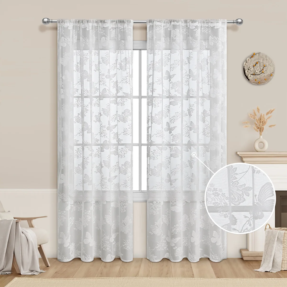1pc White Lace Semi-sheer Curtains with Butterfly and Flower Petals Pattern, Curtain with Lace Trim, Semi-Transparent Design