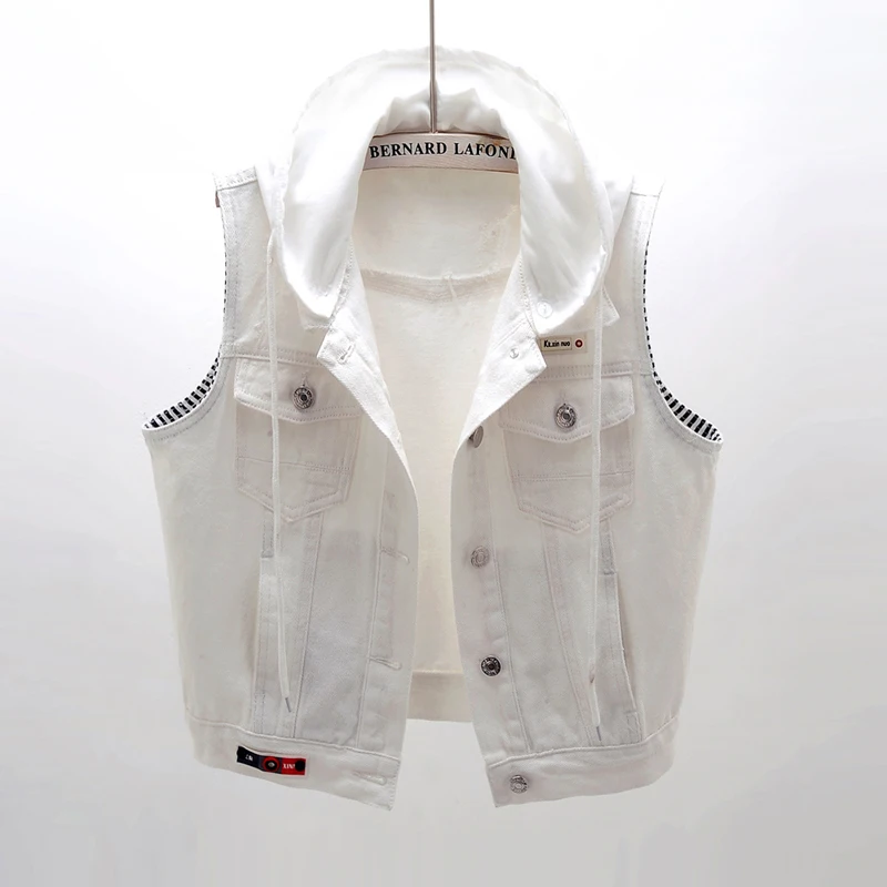 Detachable Hooded Big Pocket White Denim Vest Women Slim Short Cowboy Waistcoat Korean Frayed Sleeveless Jeans Jackets Female