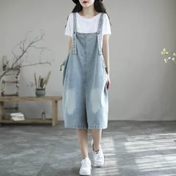 Denim Jumpsuits Women Oversized Casual One Piece Outfit Women Playsuits Vintage Overalls for Women Solid Blue Five-point Pants