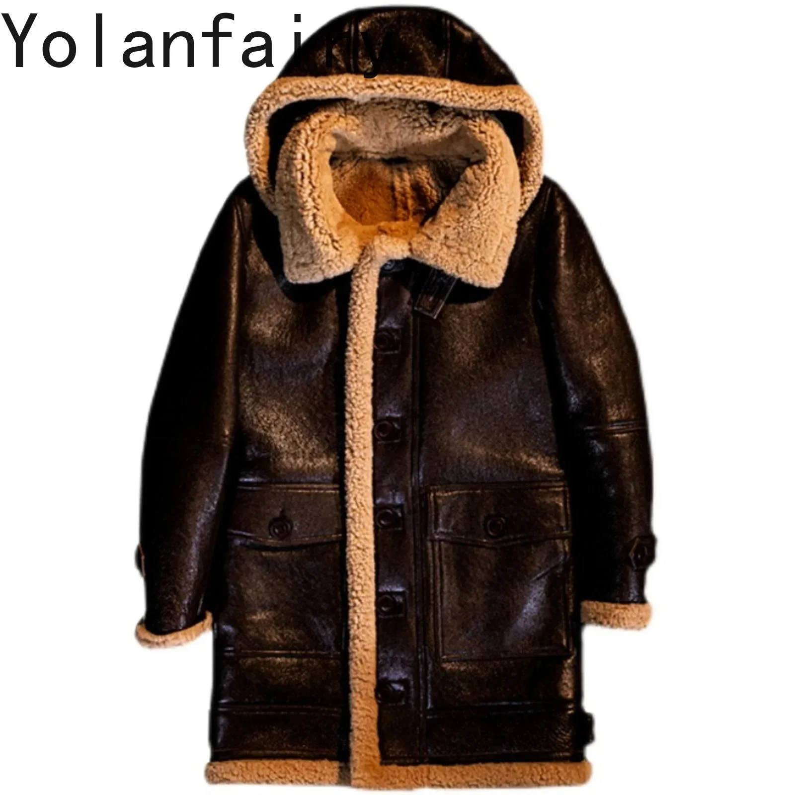 

YOLANFAIRY Winter Genuine Leather Jacket Man Long Shearling Overcoat Warm Hooded Real Sheepskin Wool Coat Brown Black 6XL abrigo