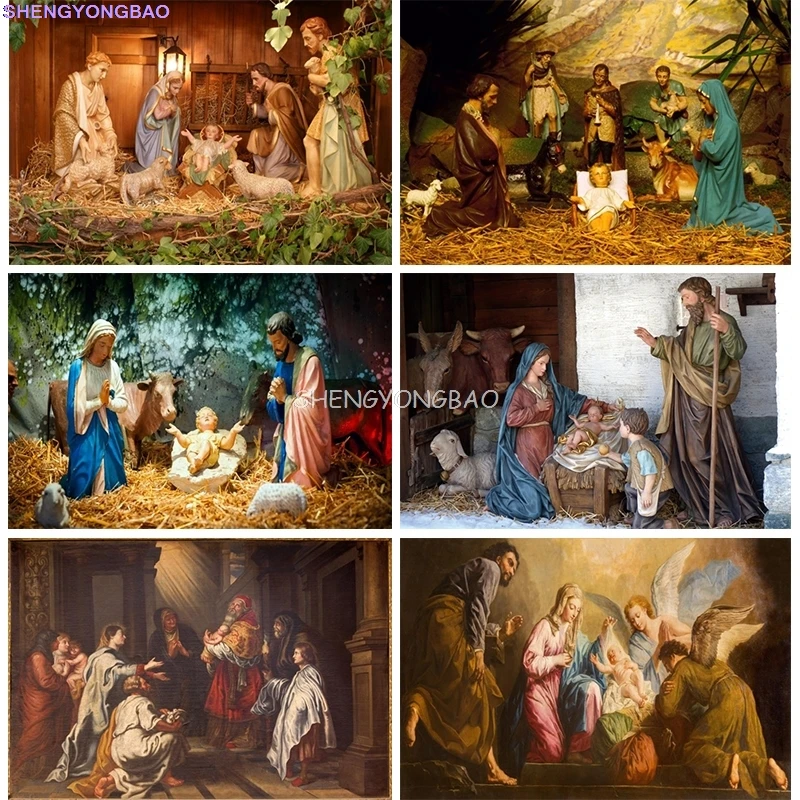 

Birth of Jesus Photography Backdrops Holy Family Christmas Nativity Manger Scene Baby Figures Newborn Photo Studio Background