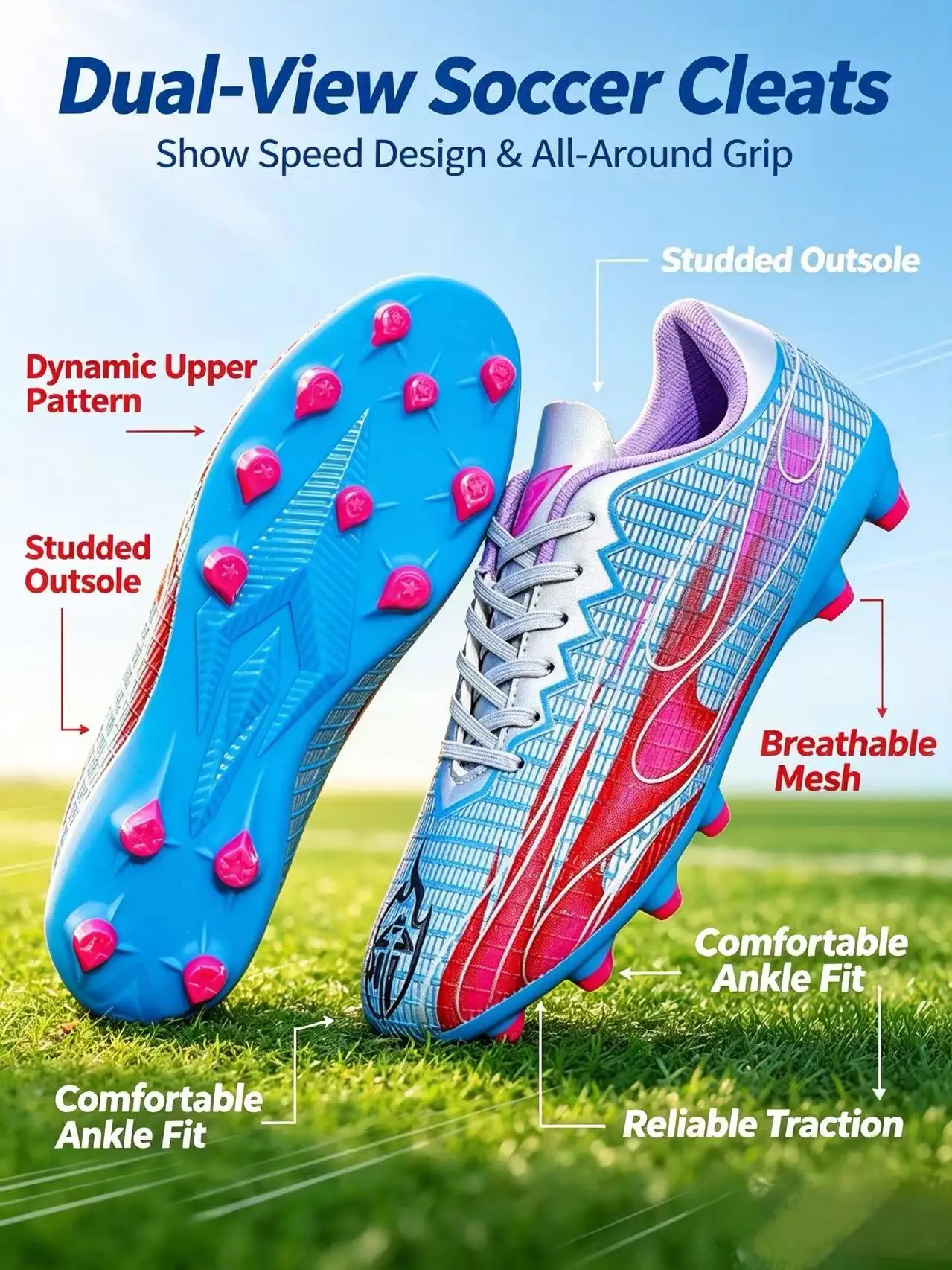 LowTop AG Soccer Cleats, WearResistant Microfiber Upper, HighElastic EVA Midsole, Optimized AG Stud Outsole for Artificial Gr