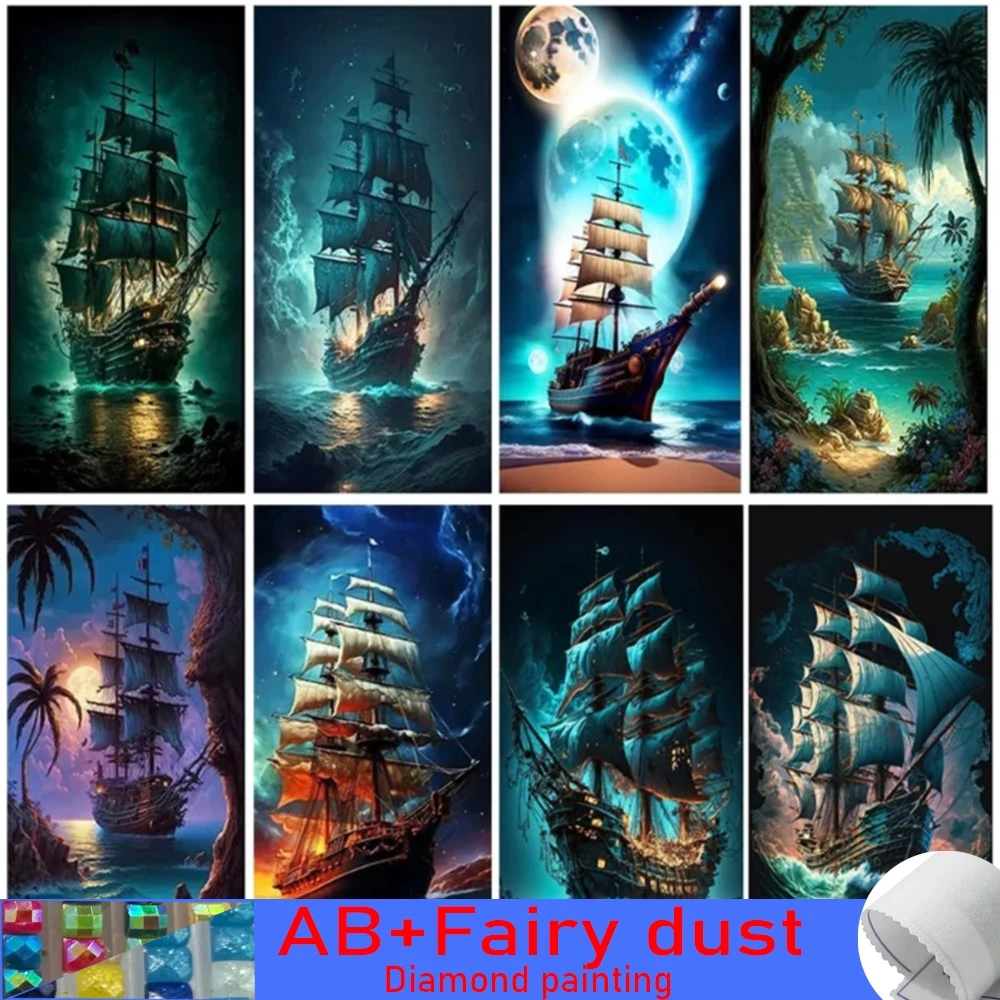 Full Square Round 120 Colors AB Fairy Dust Diamond Painting 5D Sailboat On The Sea Embroidery DIY Mosaic Coconut Beach Landscape