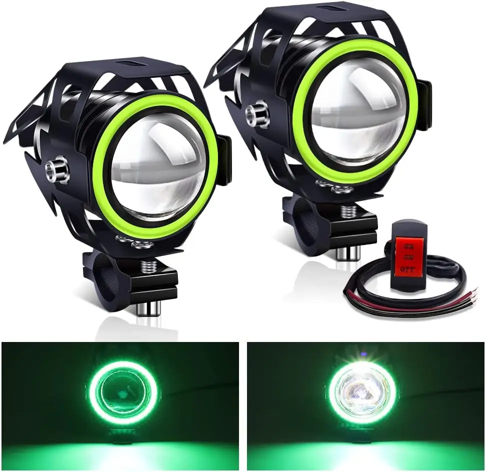 

Motorcycle Led Fog Lights Driving Spotlight with Green Angel Eyes Halo Ring, Motorcycle Auxiliary Lights
