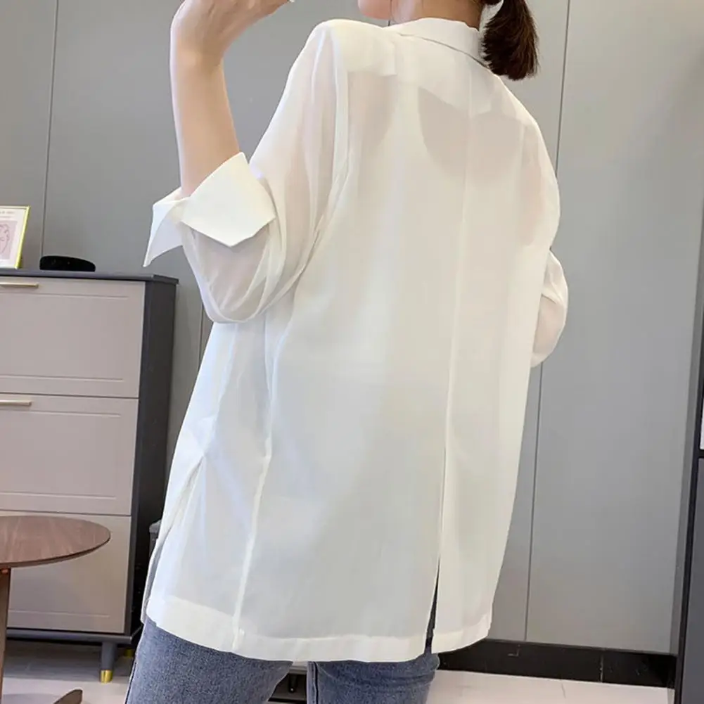 Women Summer Blazer Solid Color Long Sleeves Lapel Notch Collar Mid Length Anti-UV Straight AD Women OL Style Coat Women Clothes