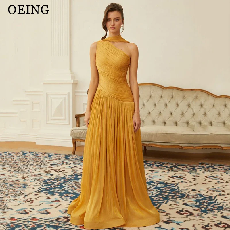 

OEING Simple A-Line Gold Evening Dresses One Shoulder Sleeveless Pleats Formal Dress Draped Draped Maxi Gala Dresses Customized