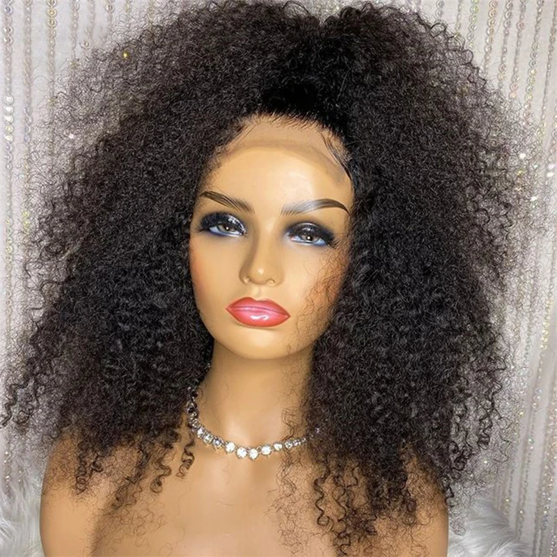 Perruque Lace Front Wig bouclée crépue longue noire naturelle, 26 pouces, densité 180, pre-plucked, avec baby hair, sans colle, à la mode, pour femmes