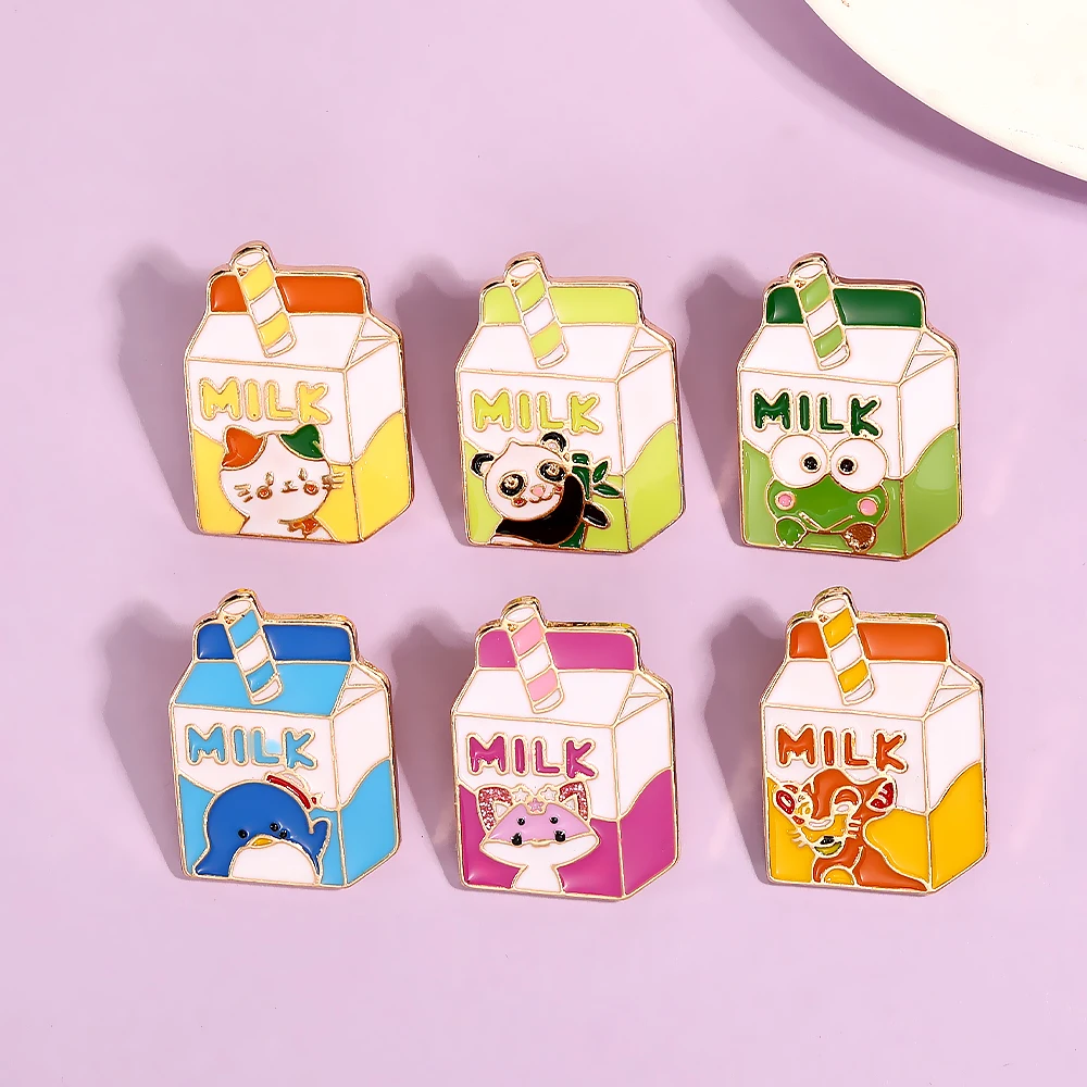 Creative Animal Milk Shaped Collection Pins Panda Cat Frog Tiger Penguin Rabbit Pattern Enamel Brooches Cheap Jewelry Wholesale