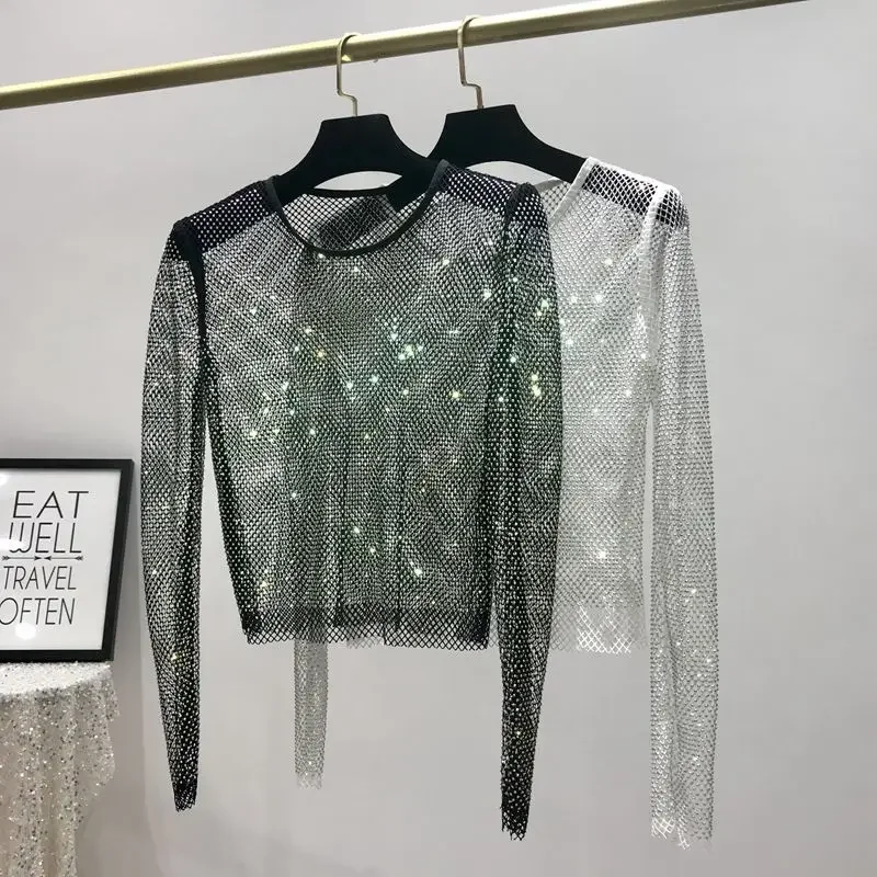 

Sexy Net Diamond Crystal See-through Self-cultivation and Slimming Party Shiny Hollow Overcoat Mesh Bottoming Shirt for Women