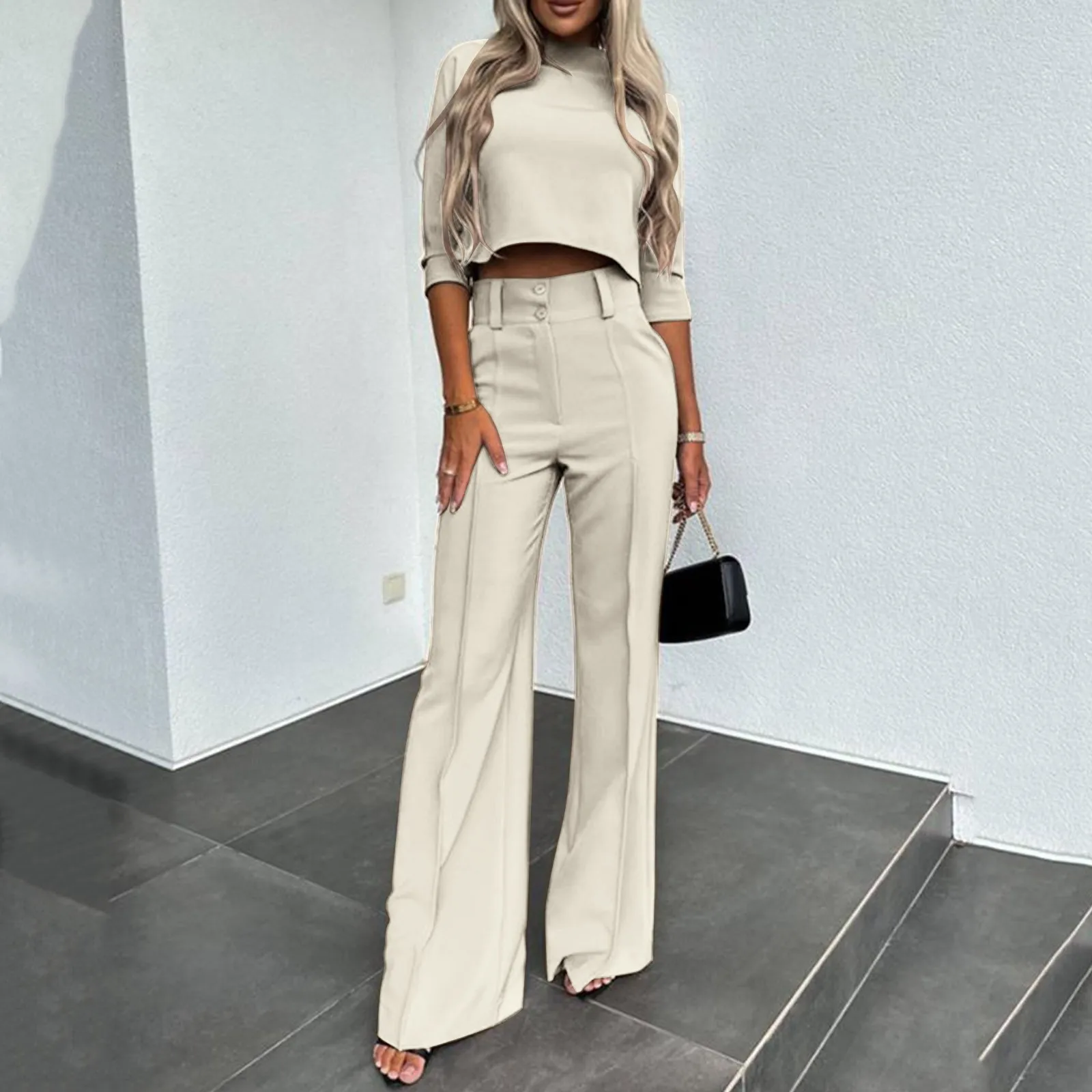 

2024 Casual Long Sleeve Shirt Pants Set Office Lady Spring Autumn Fashion Solid O-neck Tops Trousers Two Piece Set Women Outfit