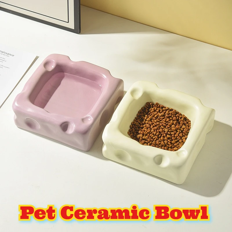 

Cute Ceramic Pet Bowl Cheese Shape Food Water Dish Cat Dog Feeder Anti Tip Non Slip Mat Small Animal Feeding Bowl Accessories
