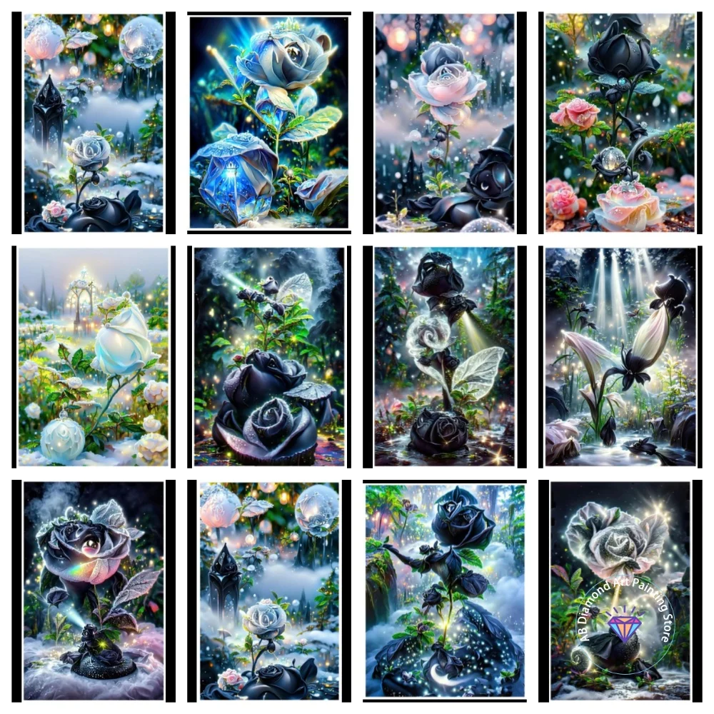 

Black Rose Dreamy Flower House AB Diamond Painting Kit Square Round Diamond 5D DIY Mosaic Handmade Art Gift Crafts Home Decor