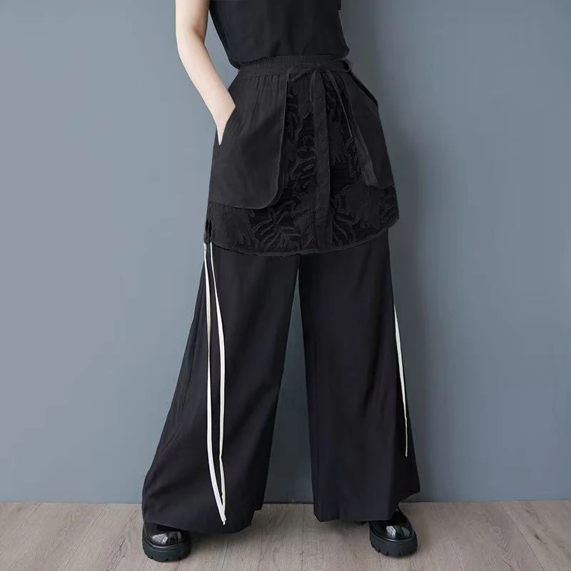 Casual kanten patchwork wijde pijpen broek elastische taille rechte snit ket ontwerp dames hoge taille lang katoen polyester mix