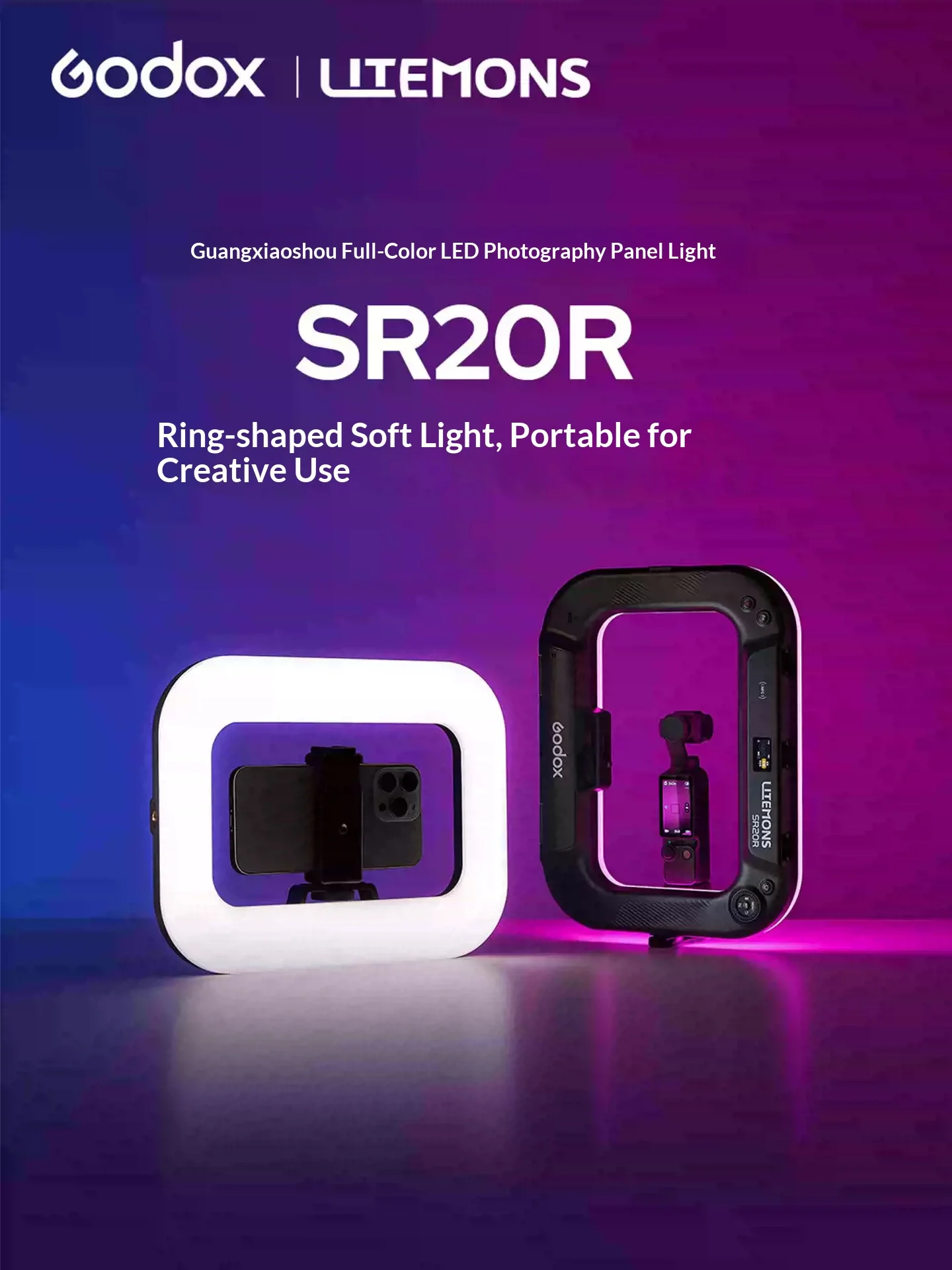Godox SR20R RGB Ring Light with Bluetooth Control Full Color LED CRI 96+ with Battery for Vlogging Live Streaming