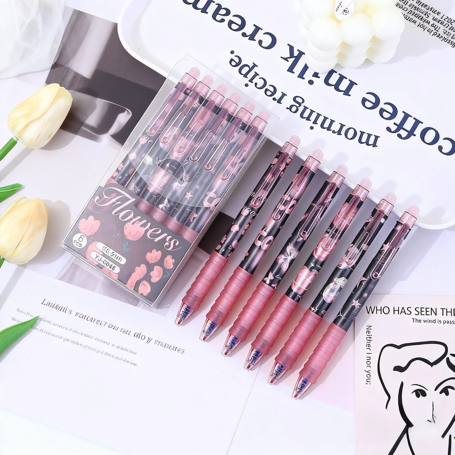 

6 Pack Erasable Neutral Pens, Butterfly Retractable Ballpoint Pen 0.5mm Blue Ink, Office School Writing Smooth Non-Fatigue