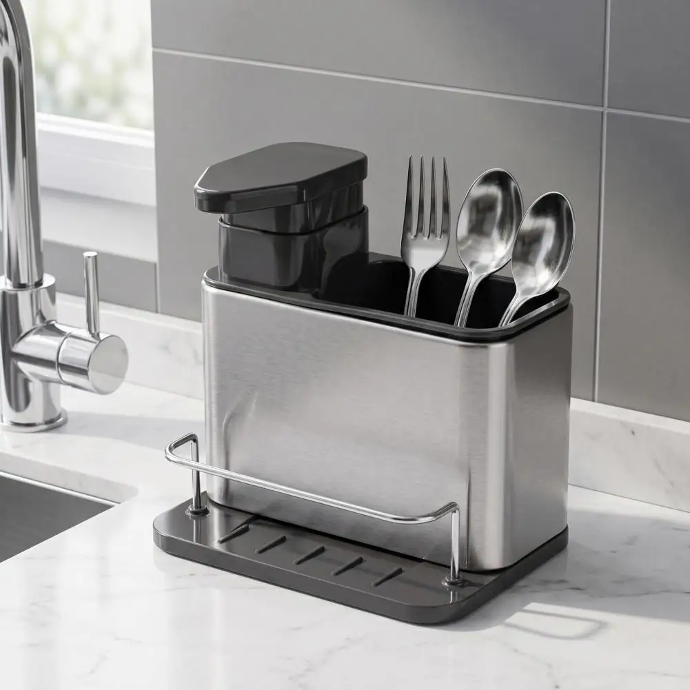 

Cutlery Organizer Multi Compartment Storage Box Dishwasher Safe Silver Kitchen Utensil Holder Drainage Holes CountertopOrganizer