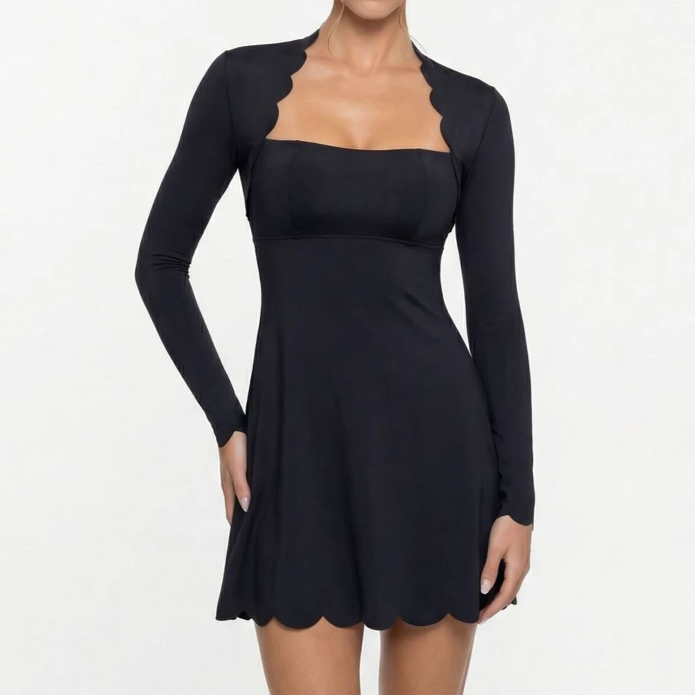 tennis dresses Autumn and winter women\'s long-sleeved tennis dress wavy petal yoga dress quick-drying sport dress golf wear