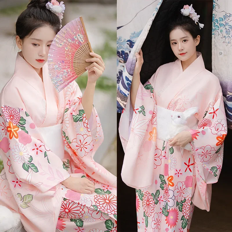 Japanese women traditional dress kawaii pink sakura kimono geisha cosplay costume dance performance photoshooting clothing oi405