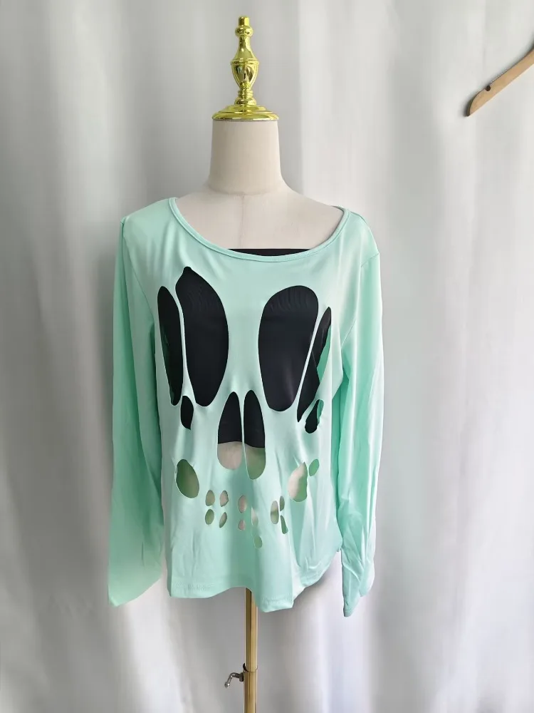 Kimutomo Women T Shirts Sexy Vintage Skulls Printed Hole Diagonal Collar Off Shoulder Long Sleeve Vintage Grunge Gothic Y2k - view 2