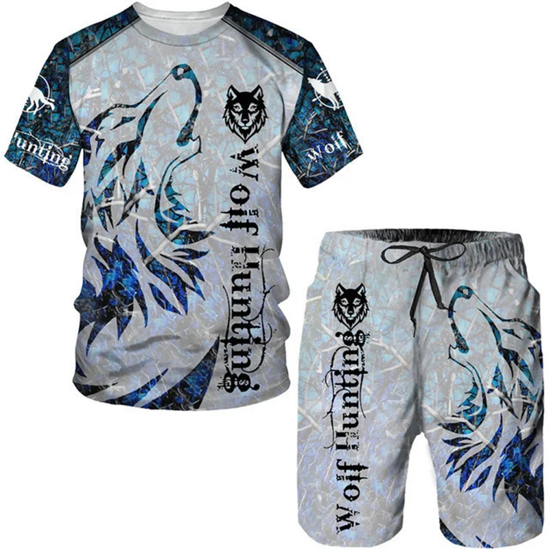 

2024 Men's Summer Sports Set O-neck Top Beach Pants 3D Wolf Print Cool Fashion Casual Sports Style Animal Retro Elements Loose