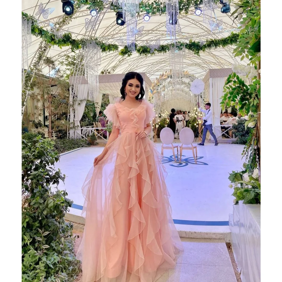 

Mina Customized Ruffles Evening Dress Luxury Elegant Formal Women's Dresses for Special Occasions Short Sleeves Round Neck Party