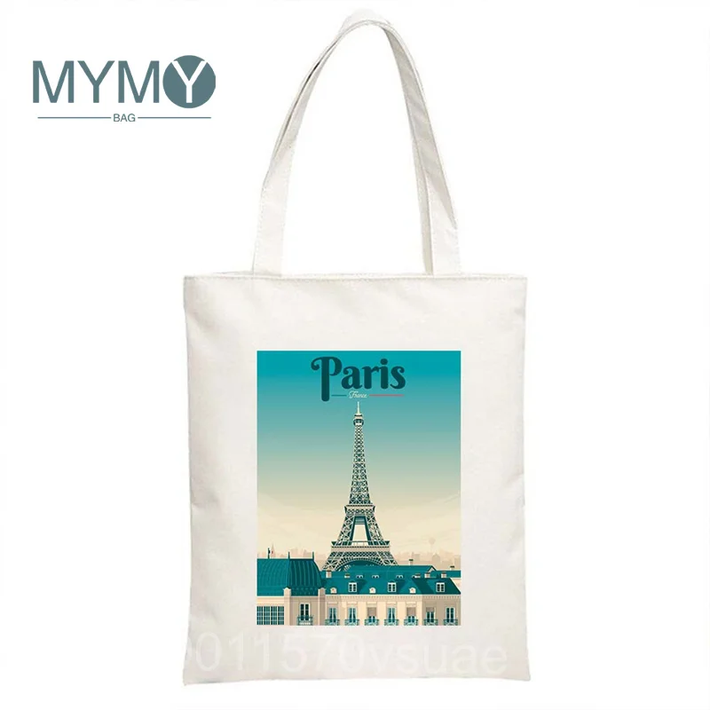 Travel City Shoulder Bag for Women Paris Tokyo Sydney Building Signs Reusable Eco Handbags Large Capacity Canvas Casual Tote Bag