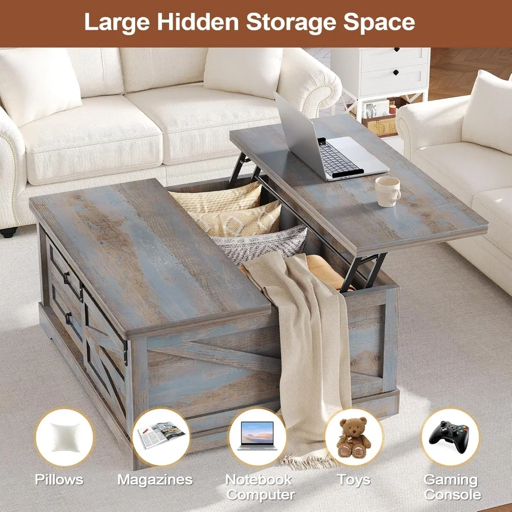 Meja Kopi Lipat 39,4'' dengan Penyimpanan, Meja Kopi Gaya Farmhouse untuk Ruang Tamu, Meja Kopi Persegi dengan Penyimpanan Besar